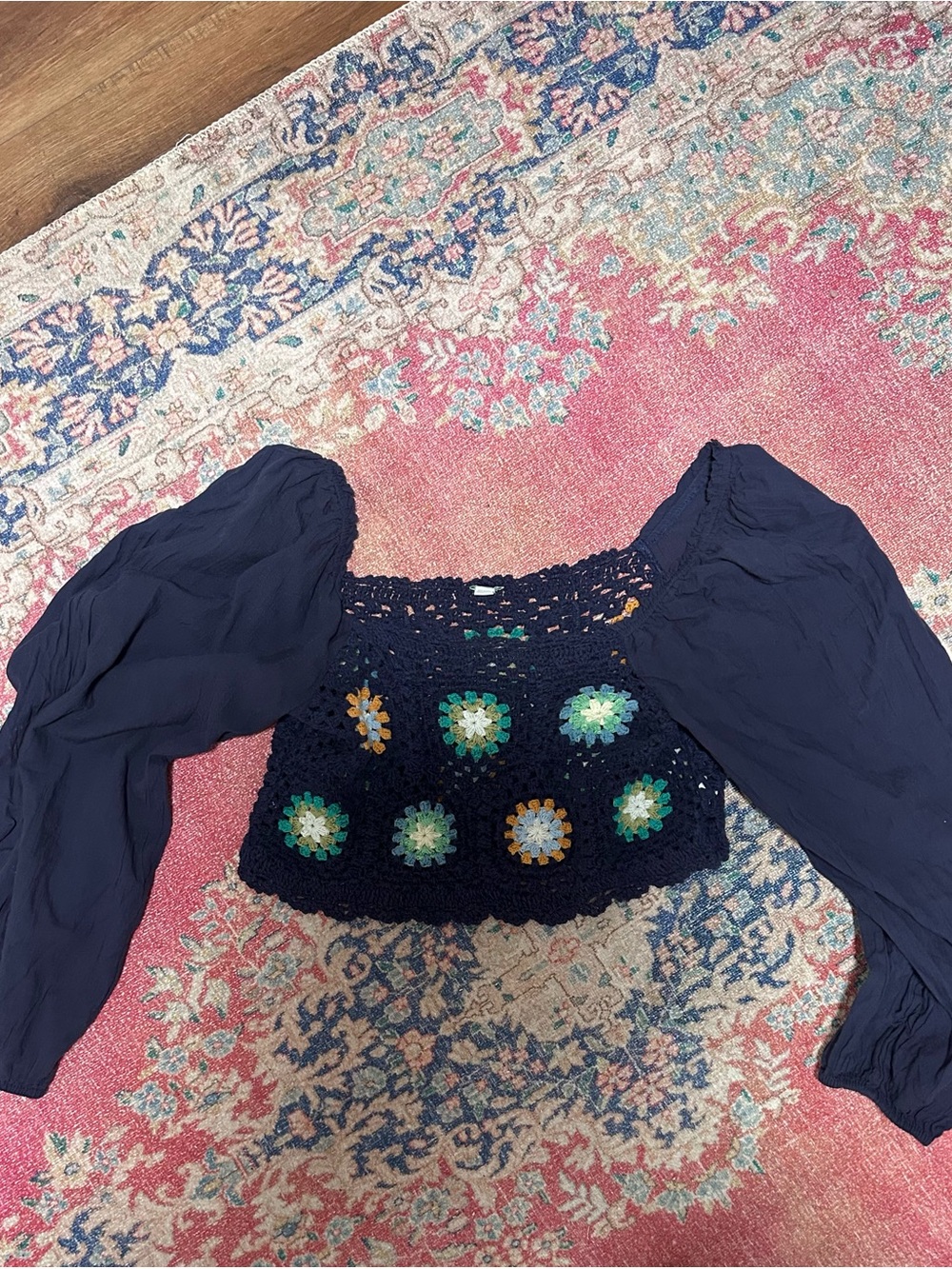 aerie Navy Crochet Floral Puff-Sleeve Crop Top